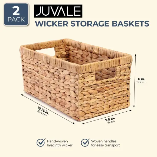 2 Pack Small Rectangular Wicker Baskets for Shelves, 6 Inch Wide Hand Woven Water Hyacinth Baskets for Shelf Organizing, Storage Brown {5}