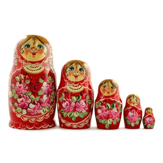 Set of Girls in Red Dress Wooden Nesting Dolls 7 Inches {1}