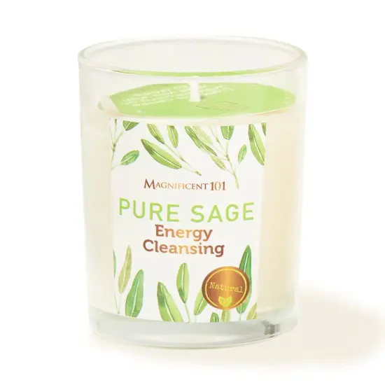 Magnificent 101 Pure Sage Energy Cleansing Aromatherapy Glass Candle for Meditation, Manifestation, and Intention-Setting - 6 oz Natural Soy Wax and Essential Oil | 56-Hour Burn Time Multicolor {1}