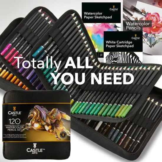 120 Watercolour Pencils Set with Extras | Quality Vibrant Pigments | Draw and Paint at the Same Time | For Adult Hobbyists, Professionals | In Carry-anywhere Travel Case {2}