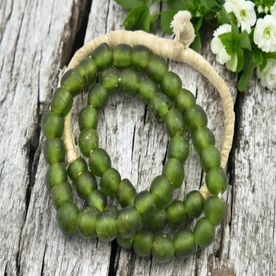 9-10mm Matte Olivine African Recycled Glass Beads (19" Strand) {2}