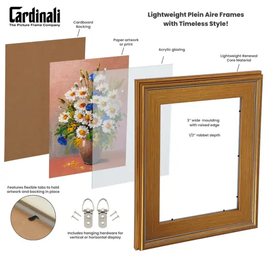 Cardinali Plein Air, Gold 16x20" Picture Frame with Acrylic Glazing & Cardboard Backing, for Photography or Canvas Frame, 3 Wide Moulding, 1/2 Rabbet Depth, D-Ring Hangers Included {3}