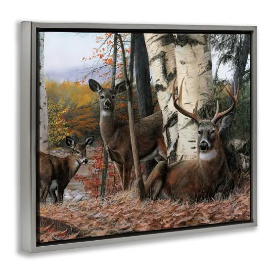 Elk Family Woodland Foliage Floating Frame Canvas Art Gray {3}