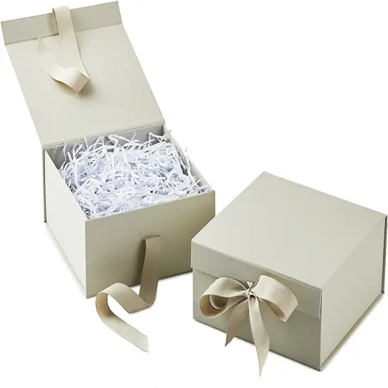 Medium Gift Boxes with Bow and Shredded Paper Fill, Pack of 2 (Antique White 8 inch Box) for Weddings, Bridal Showers, Graduations, Birthdays, Bridesmaids Gifts, All Occasion {1}