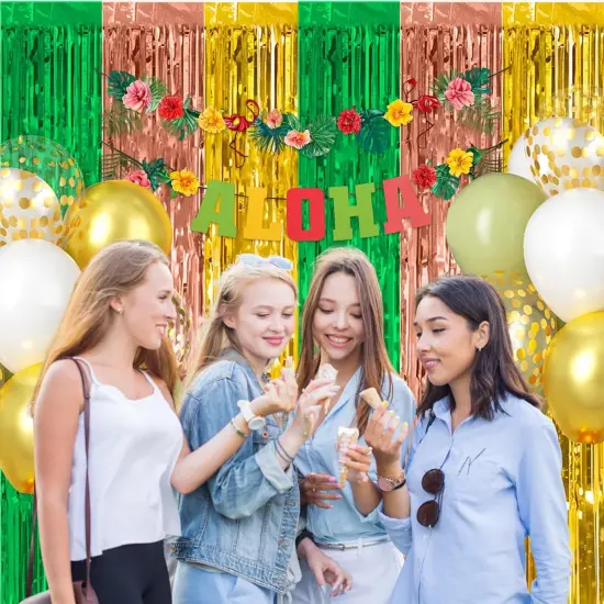 Hawaiian Party Decorations, 2 Packs Foil Fringe Curtains Streamers Green Yellow Rose Gold for Summer Tropical Beach Luau Themed Birthday Baby Shower Party Photo Booth Props Backdrop (3.3ft X 6.6ft) {4}