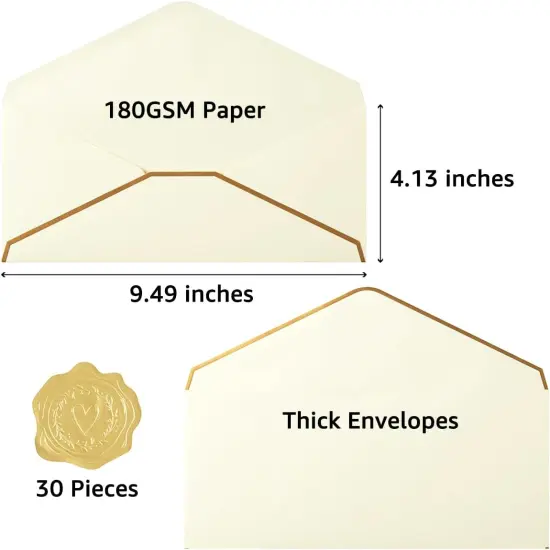 30 Pack Thick #10 Business Envelopes with Gold Border, 4 1/8 x 9 1/2 Thick Paper Standard Envelopes with Stickers for Office, Checks, Letter Mailing, Invoices (Cream Color) {2}