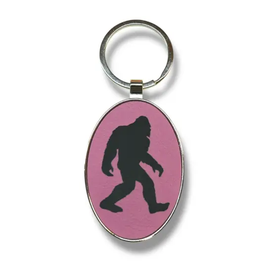 Keychain - Oval/Metal - Bigfoot Sasquatch - Leather Pink/Black {1}