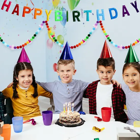 2 Pcs 118 Inch Pre-Strung Happy Birthday Banner Felt Reusable Rainbow Fabric Ball Garland Handmade Colorful Felt Letters Balls for Party Decor {5}