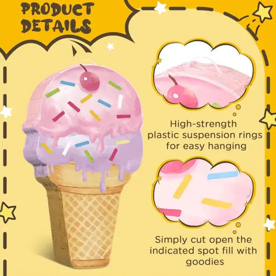 Pink Ice Cream Pi&ntilde;ata Cute Dessert Cone Shaped Pi&ntilde;ata with Stick Blindfold for Ice Cream Candy Birthday Party Summer Baby Shower Wedding Party Supplies Decor, {3}