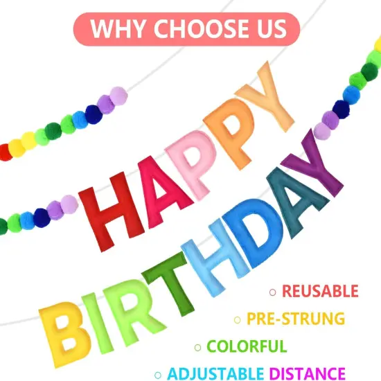 Pre-Strung Felt Happy Birthday Garland with Pompom Balls, Handmade Banner Decorations for Party Decor (Color) {2}
