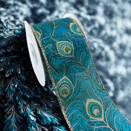 Designer's Shop WR 63-5083 Peacock Green Gold edge 2.5" wired edge ribbon 10 yard spooled {5}