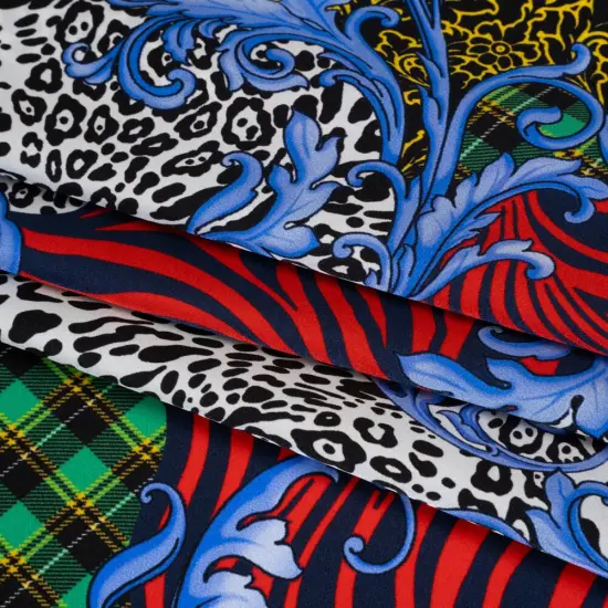 1 Yard Silk Charmeuse Patchwork Print Italian Made Red, Yellow, Blue & Greek Key, 53 Inches Width {4}