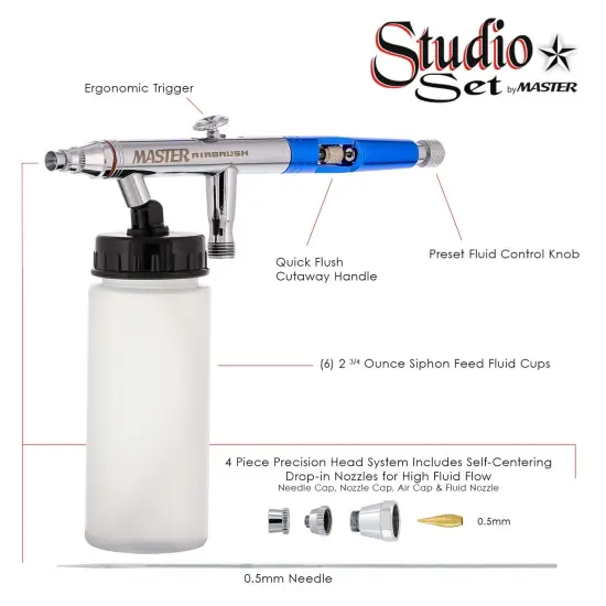 6 Master Hi-Flow S62 Dual-Action Siphon Feed Airbrushes with 0.5 mm tips, 2-3/4 oz Bottles, Color Coated Cutaway Handles & Storage Case {2}