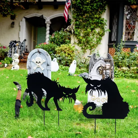 Set of 2 Metal Scary Angry Cat Silhouette Decor for Outdoor Lawn Garden Yard Decoration {5}