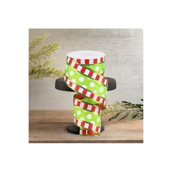 2.5" Striped Edge Polka Dot Ribbon: Red, Green & White (10 Yards) {2}