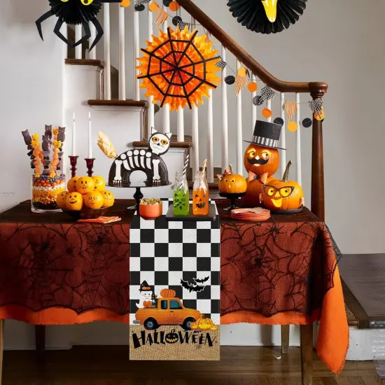 13x72 Inch Long Linen Fall Cute Plaid Bat Pumpkin Table Runner {6}