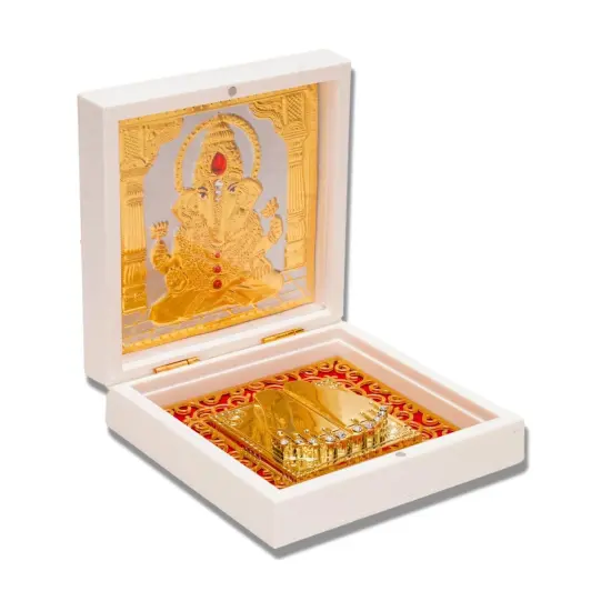 Gold Plated Ganesha Photo Frame with Charan Paduka for Diwali Housewarming Indian Wedding Return Gift Worship Pooja Room Decor Hindu Religious Devotional Paduka Prayer Box Good Luck Gift {6}