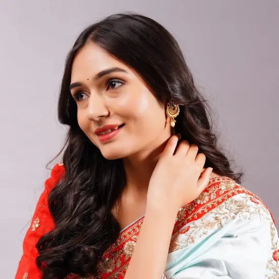 Indian Ethnic Earrings for Women - Traditional South Indian Stud Earrings Gold Plated Vibhati Jhumkas Faux Kundan Dangle Drop Earrings in Gold Tone Ear Jewelry for Bride | Gift for Her RUBY {2}