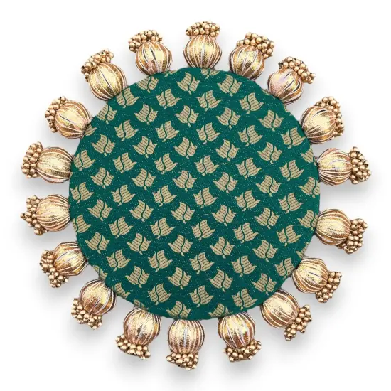 Reversible Patola Platter Brocade Fabric Handmade Centerpiece Mat-Floor Rangoli Diwali Housewarming Gift Home Temple Table Decor Mehendi Thaal Decor Puja Thali - Asan for God Goddess Green {1}