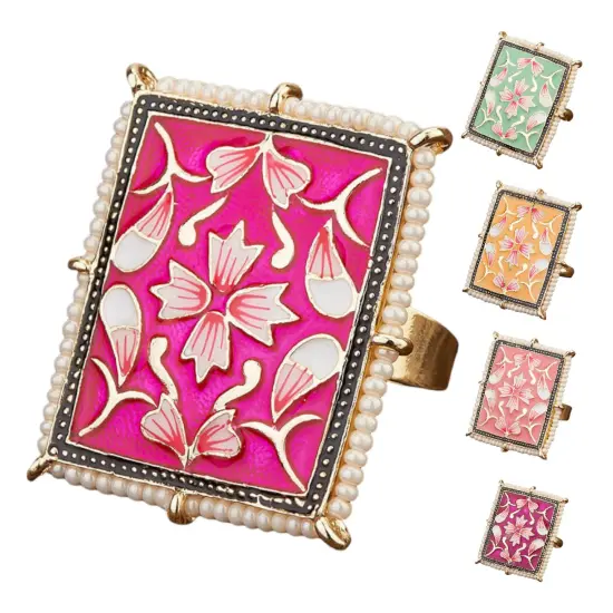 Classic Ring Meenakari Work Designer Adjustable Pearl Finger Ring for Women Minakari Ring with Gold Plating Statement Ring Boho Open Wrap Indian Bollywood Jewelry for Wedding Party Pink {2}