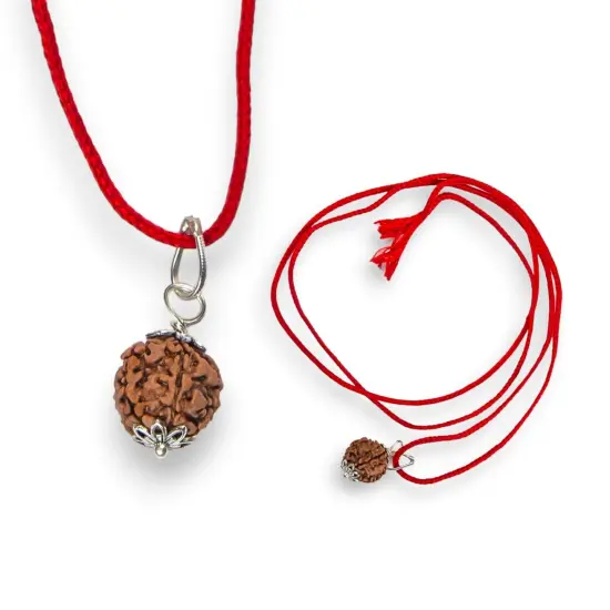 Certified Rudraksha Pendant Mala Prayer Bead Handmade Astrological Shiva Necklace Jewelry for Men Women 3 to 6 Mukhi Rudraksh with Silver Plated on Red Cotton Cord {1}