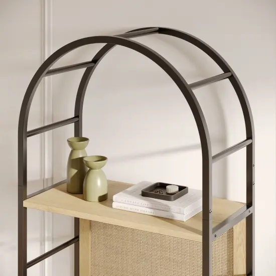 4 Tiered Arched Bookshelf with Natural Rattan Backing - Modern Home Decor - Boho Rattan Arch Bookcase - Wooden Open Arched Cabinet with Shelves - Metal and Wood Bookshelf (Light Oak) {4}