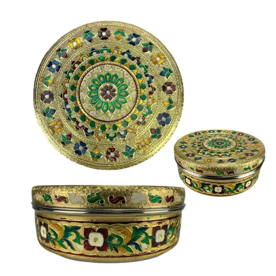 7.5 Inches Decorative Roti Papad Box Stainless Steel Small Sweet Storage Box Meenakari Container Laddu Box Spice Storage Unique Multipurpose Box Gift for Guest {4}