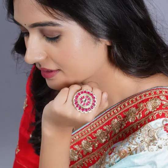 Kundan Pearl Ring with Gold Plating Vintage Round Statement Ring for Women Boho Open Wrap Finger Rings Adjustable Indian Bollywood Jewelry Hand Accessories for Wedding Party Gift Pink {4}