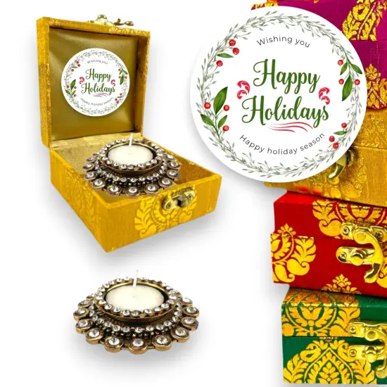 Diwali Gift Hamper Indian Festival Brocade Box with Tealight Candle Holders Christmas Gift Box Deepawali Hampers for Employees Home Office Friends Family Relatives - Return Gifts Items {6}