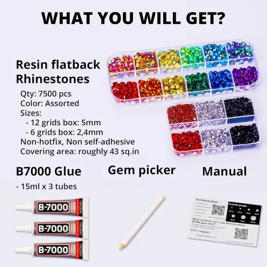 7500Pcs Rainbow Flatback Rhinestones with B7000 Glue &ndash; Multicolor (2&ndash;5mm) {2}