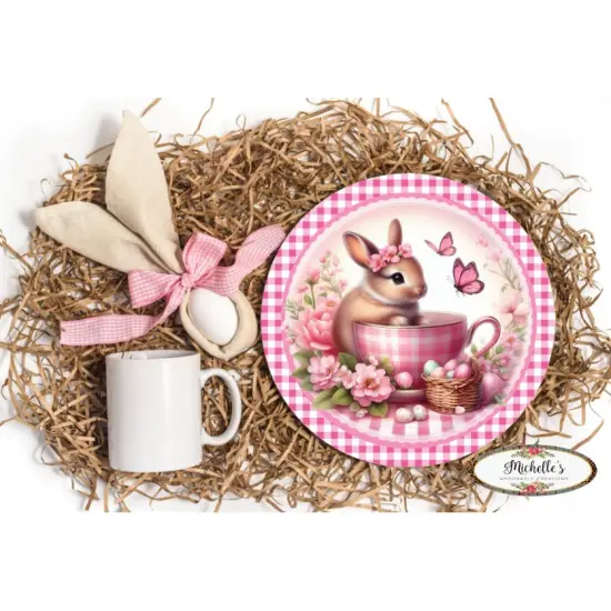 Pink Plaid Check Easter Spring Bunny Teacup Sign {3}