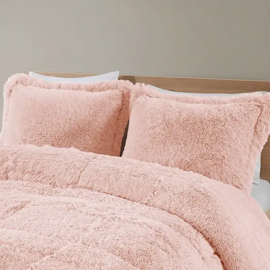 Pink Blush Shaggy Faux Fur Comforter Set Soft Plush Reversible Bedding with Down Alternative Fill {4}