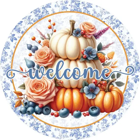 Welcome Fall Triple Pumpkins Round Sign {2}