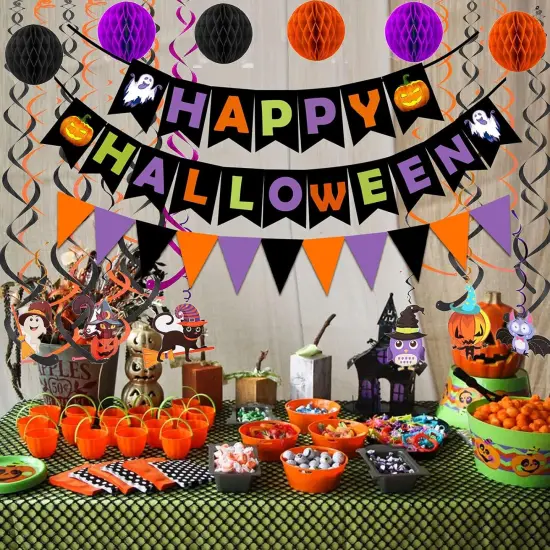 Happy Halloween Banner Paper Triangle Flag Bunting Circle Confetti Dots {2}