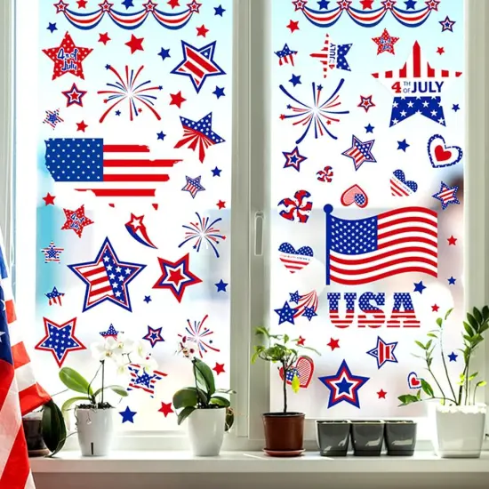 9 Sheets 4th of July Patriotic Stars Window Stickers Double-Sided Red White Blue {4}