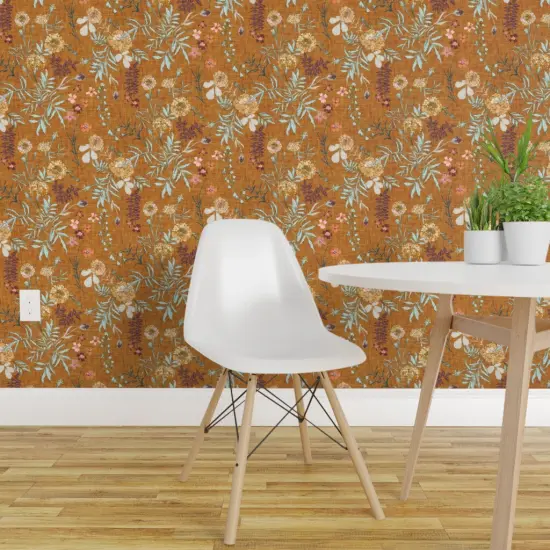 Peel & Stick Wallpaper 2FT Wide Flower Yellow Gold Fall Autumn Floral Leaves Boho Mustard White Green Romantic Custom Removable Wallpaper by Spoonflower {1}