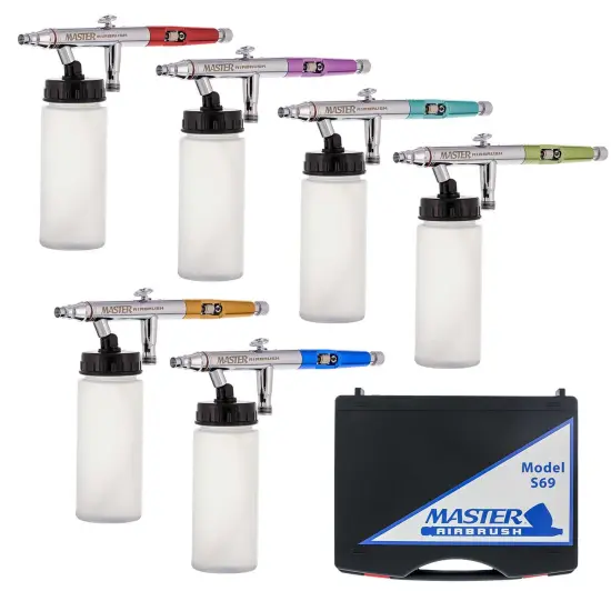 6 Master Hi-Flow S62 Dual-Action Siphon Feed Airbrushes with 0.5 mm tips, 2-3/4 oz Bottles, Color Coated Cutaway Handles & Storage Case {1}
