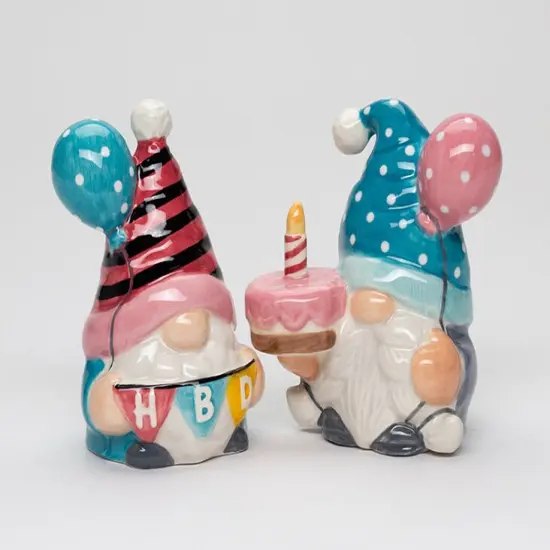 Ceramic Happy Birthday Gnome Salt and Pepper Shakers, Birthday Party Decor, Fairy Garden Decor, Gnome Collector Gift {4}