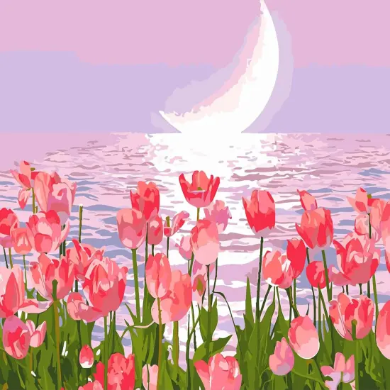 Paint by Numbers Kit for Adults Beginners,Pink Tulips Painting by Numbers,Flowers & Moon Easy Acrylic on Canvas, Suitable for Home Wall Decor and Gifts 20x16inch {1}