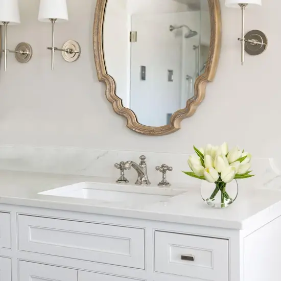 Artificial White Tulips in Vase with Faux Water 6" Real Touch Flowers Fake Tulips Small Flowers Arrangement in Round Glass Vase for Mother's Day Table Centerpiece Wedding Home Decor {4}