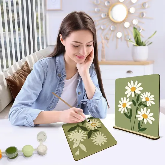 2 Pack Flowers Paint by Numbers Kit for Adults, Abstract Oil Painting by Number on Wood Board, DIY Flower Paint by Number Ornaments for Desktop, Easy Adult Paint by Number Kits for Gift 8x8 Inch {5}