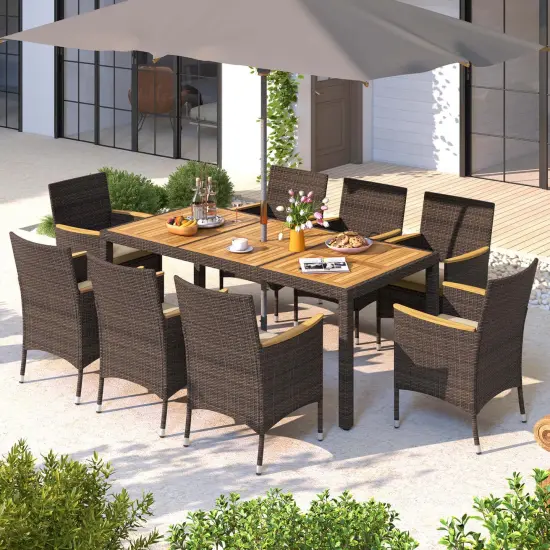 Costway 9PCS Outdoor Dining Set with Acacia Wood Table Top Patio Dining Set for 8 People Navy/Beige {9}