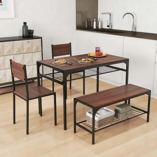 Costway Dining Table Set for 4 Rectangular Table with 2 Chairs, 1 Bench, Storage Racks Rustic Brown/Gray/Brown {2}