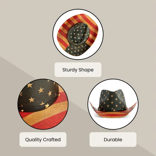 USA Straw American Flag Cowboy Hat for Men, Women, Looks Vintage Cowgirl Hat for Costume Party (Adult Size) Brown {4}