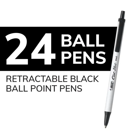 BIC Clic Stic Black Retractable Ballpoint Pens, Medium Point (1.0mm), 24-Count Pack, Round Barrel Design for Comfortable Writing {3}