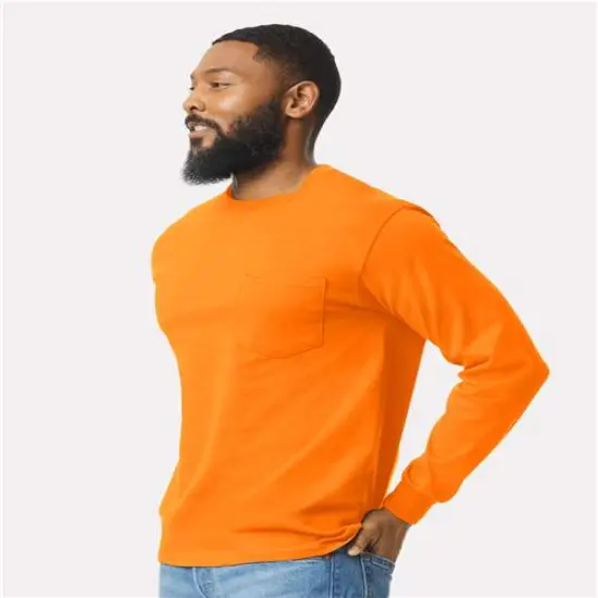 Gildan&reg; Ultra Cotton Long Sleeve Crewneck Pocket T-Shirt - 2410 Navy {5}