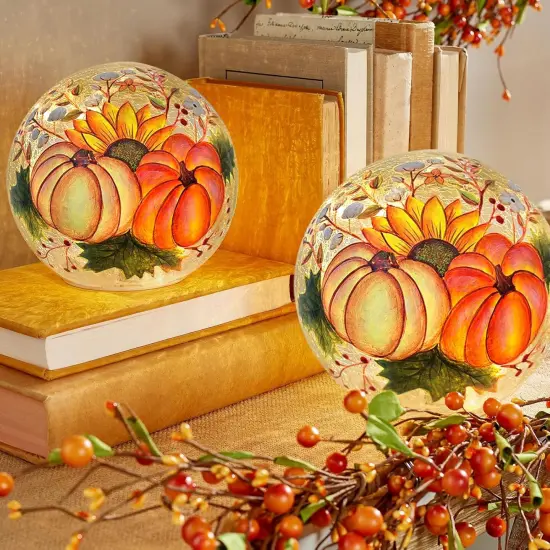 Set of 2 Lighted Pumpkin Crackle Glass Balls 6&rsquo;&rsquo; 4.7&rsquo;&rsquo; LED Night Light Globe Lamps with Warm White LED Battery Powered for Home Party Wedding Women&rsquo;s Gift {2}