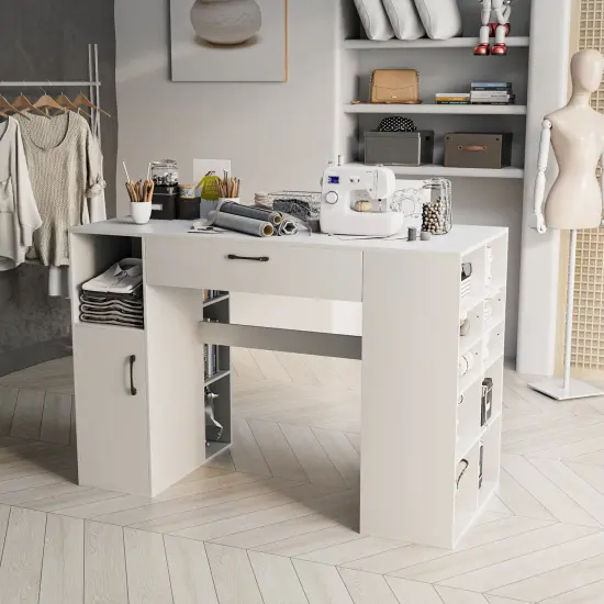 White Counter Height Sewing Craft Table, Computer Desk with Adjustable Shelves and Drawer {2}