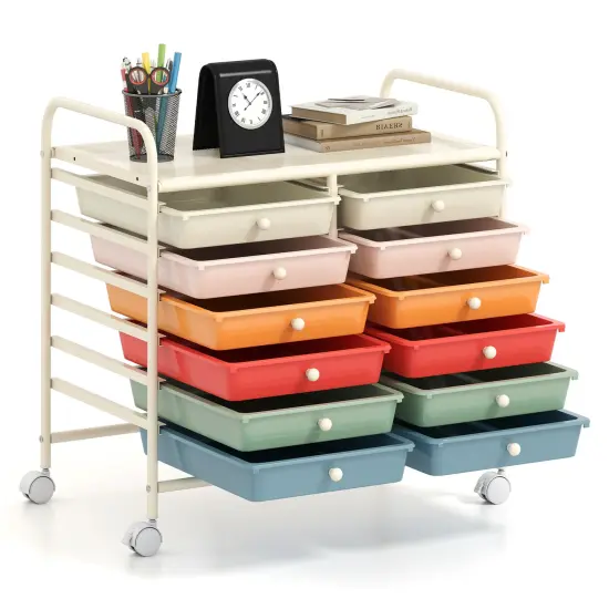 12 Removable Drawers Rolling Storage Cart with 4 Universal Wheels and Metal Frame Macaron {4}