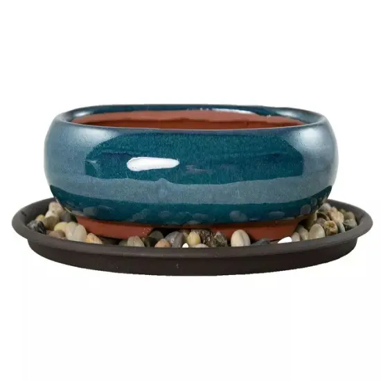 7.25" Oval Teal Green Bonsai / Succulent Pot + Tray + Rock + Mesh - Combo {3}